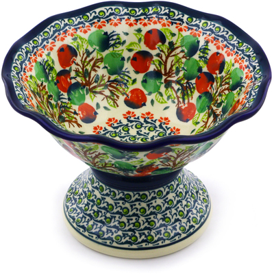 Polish Pottery Bowl with Pedestal 8&quot; Apple Orchard