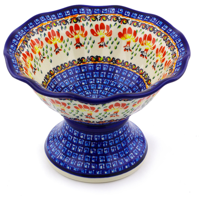 Polish Pottery Bowl with Pedestal 8&quot; Blooming Red