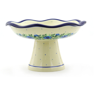 Polish Pottery Bowl with Pedestal 8&quot; Blue Bell Wreath