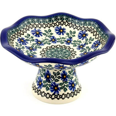 Polish Pottery Bowl with Pedestal 8&quot; Blue Chicory
