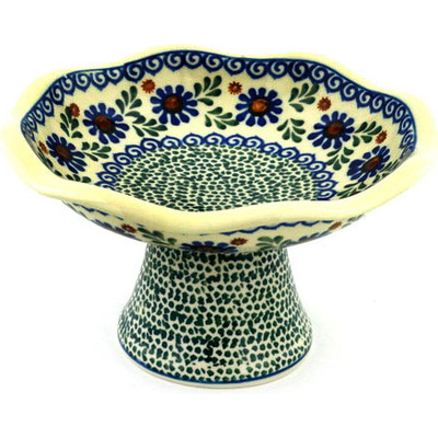 Polish Pottery Bowl with Pedestal 8&quot; Blue Daisy Meadow