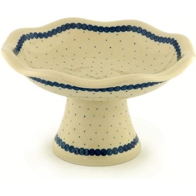 Polish Pottery Bowl with Pedestal 8&quot; Blue Polka Dot