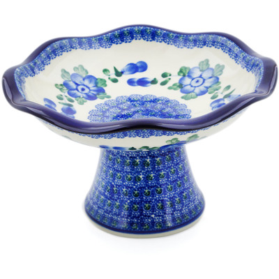 Polish Pottery Bowl with Pedestal 8&quot; Blue Poppies