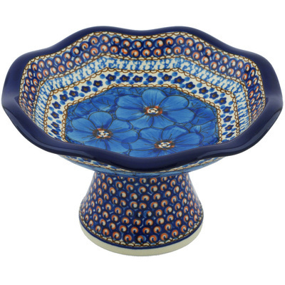 Polish Pottery Bowl with Pedestal 8&quot; Blue Poppies UNIKAT