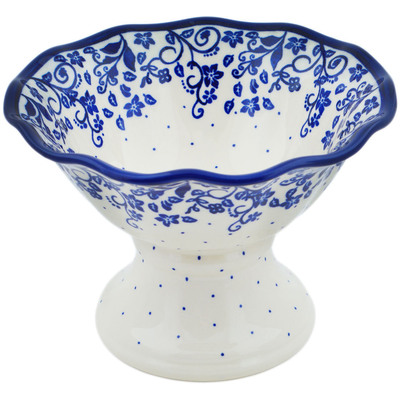 Polish Pottery Bowl with Pedestal 8&quot; Blue Vines