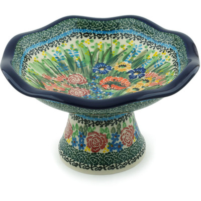 Polish Pottery Bowl with Pedestal 8&quot; Bountiful Bouquet UNIKAT