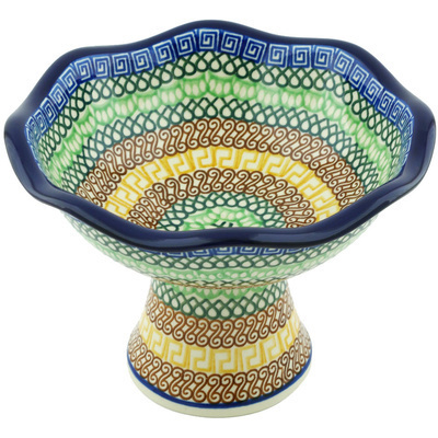 Polish Pottery Bowl with Pedestal 8&quot; Braided Rug