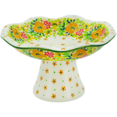 Polish Pottery Bowl with Pedestal 8&quot; Bright Spring UNIKAT