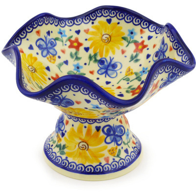 Polish Pottery Bowl with Pedestal 8&quot; Butterfly Sunshine UNIKAT