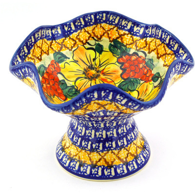 Polish Pottery Bowl with Pedestal 8&quot; Colorful Bouquet UNIKAT