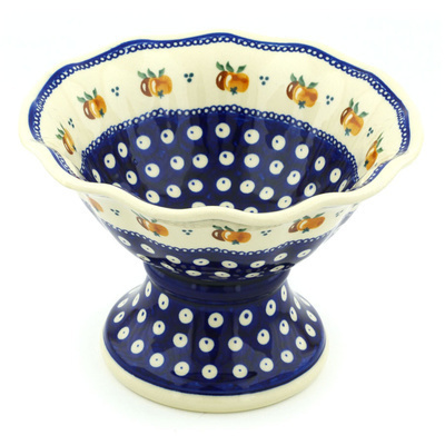 Polish Pottery Bowl with Pedestal 8&quot; Country Apple Peacock