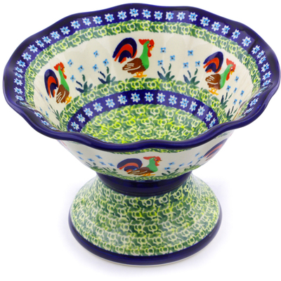 Polish Pottery Bowl with Pedestal 8&quot; Country Rooster UNIKAT