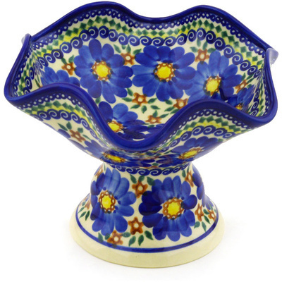 Polish Pottery Bowl with Pedestal 8&quot; Flooding Blues UNIKAT