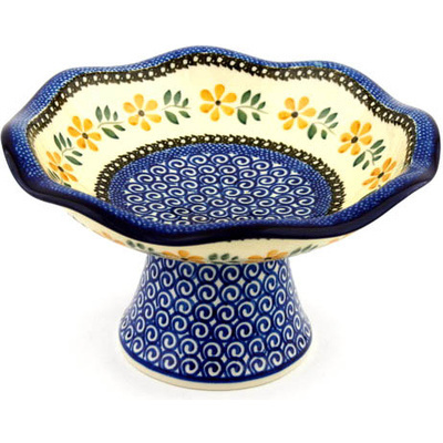 Polish Pottery Bowl with Pedestal 8&quot; Golden Daisy Swirl
