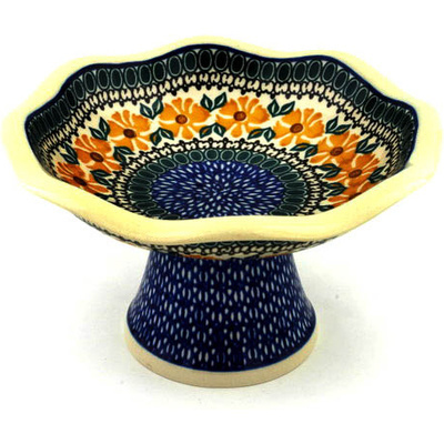 Polish Pottery Bowl with Pedestal 8&quot; Golden Medley