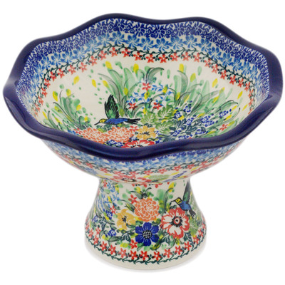 Polish Pottery Bowl with Pedestal 8&quot; Hummingbird Meadow UNIKAT