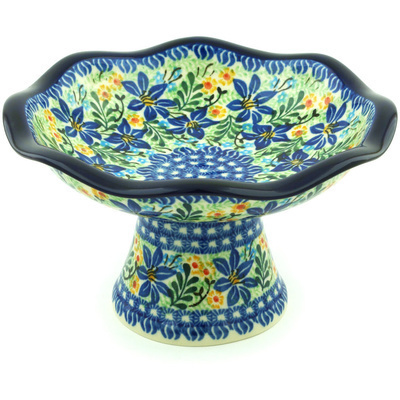 Polish Pottery Bowl with Pedestal 8&quot; Midnight Lilies UNIKAT