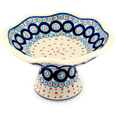 Polish Pottery Bowl with Pedestal 8&quot; Modern Peacock
