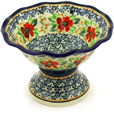 Polish Pottery Bowl with Pedestal 8&quot; Nightingale Flower
