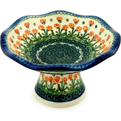 Polish Pottery Bowl with Pedestal 8&quot; Peach Spring Daisy