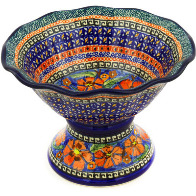 Polish Pottery Bowl with Pedestal 8&quot; Poppies UNIKAT