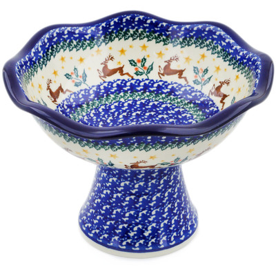 Polish Pottery Bowl with Pedestal 8&quot; Prancing Reindeer