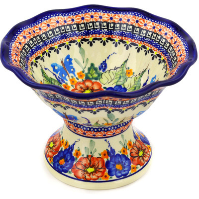 Polish Pottery Bowl with Pedestal 8&quot; Spring Splendor UNIKAT