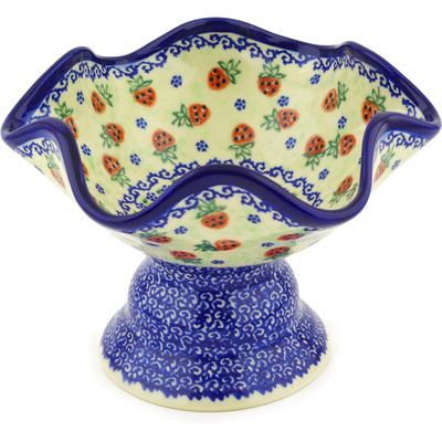 Polish Pottery Bowl with Pedestal 8&quot; Strawberries And Cream UNIKAT
