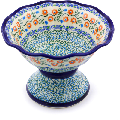 Polish Pottery Bowl with Pedestal 8&quot; Tulip Vines