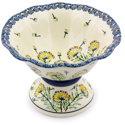 Polish Pottery Bowl with Pedestal 8&quot; Yellow Dandelions