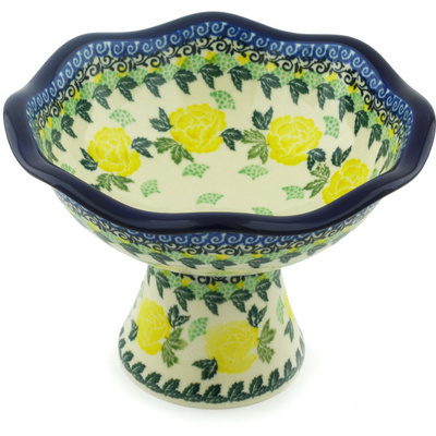 Polish Pottery Bowl with Pedestal 8&quot; Yellow Rose