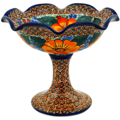Polish Pottery Bowl with Pedestal 9&quot; Autumn Garden UNIKAT