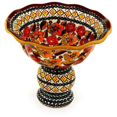 Polish Pottery Bowl with Pedestal 9&quot; Autumn Glow UNIKAT