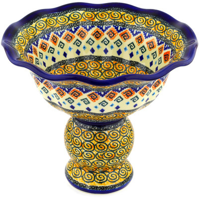 Polish Pottery Bowl with Pedestal 9&quot; Aztec Swirls UNIKAT