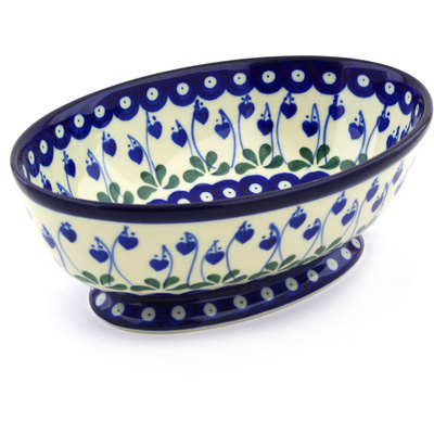 Polish Pottery Bowl with Pedestal 9&quot; Bleeding Heart Peacock