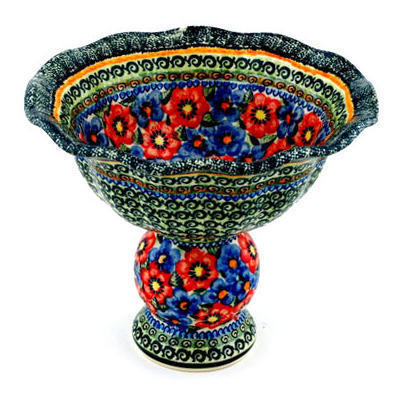 Polish Pottery Bowl with Pedestal 9&quot; Blue And Red Poppies UNIKAT