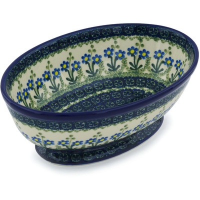 Polish Pottery Bowl with Pedestal 9&quot; Blue Daisy Circle