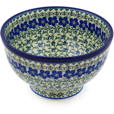 Polish Pottery Bowl with Pedestal 9&quot; Blue Dogwood