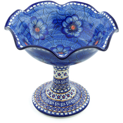 Polish Pottery Bowl with Pedestal 9&quot; Blue Heaven UNIKAT