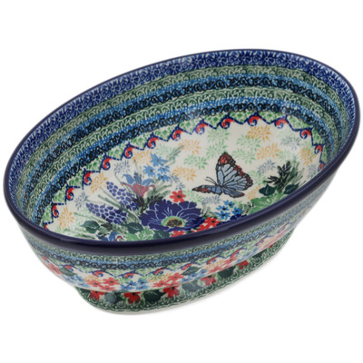 Polish Pottery Bowl with Pedestal 9&quot; Blue Monarch Meadow UNIKAT