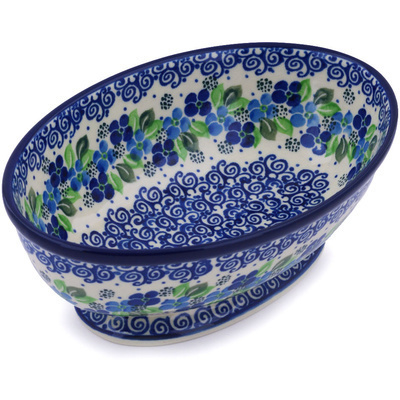 Polish Pottery Bowl with Pedestal 9&quot; Blue Phlox