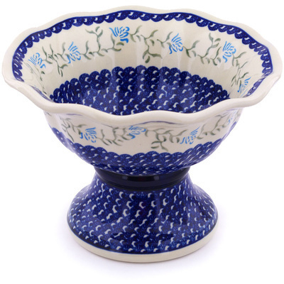 Polish Pottery Bowl with Pedestal 9&quot; Blue Rose Peacock
