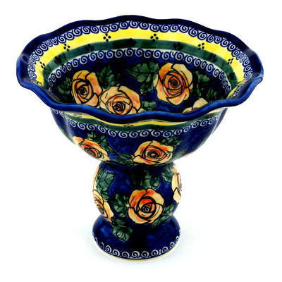 Polish Pottery Bowl with Pedestal 9&quot; Cabbage Roses