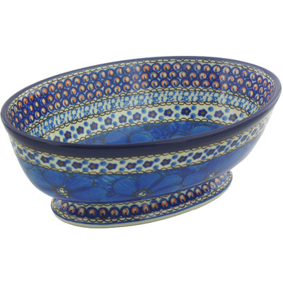 Polish Pottery Bowl with Pedestal 9&quot; Cobalt Poppies UNIKAT