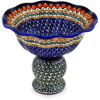 Polish Pottery Bowl with Pedestal 9&quot; Coral Diamonds UNIKAT