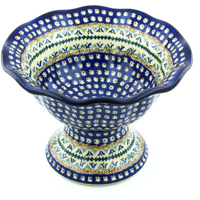 Polish Pottery Bowl with Pedestal 9&quot; Floral Peacock UNIKAT
