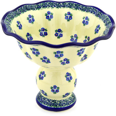 Polish Pottery Bowl with Pedestal 9&quot; Forget Me Not Dots