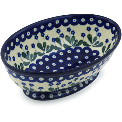 Polish Pottery Bowl with Pedestal 9&quot; Forget-me-not Peacock