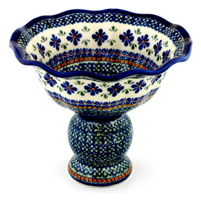Polish Pottery Bowl with Pedestal 9&quot; Gingham Flowers