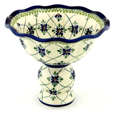 Polish Pottery Bowl with Pedestal 9&quot; Gingham Trellis